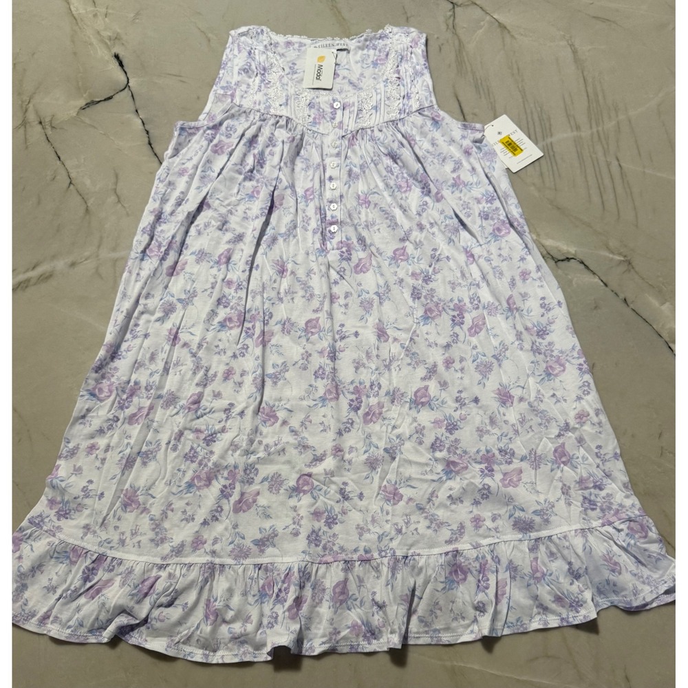 Eileen West Sleeveless Floral Modal Nightgown Purple White Lace Trim Small NWT